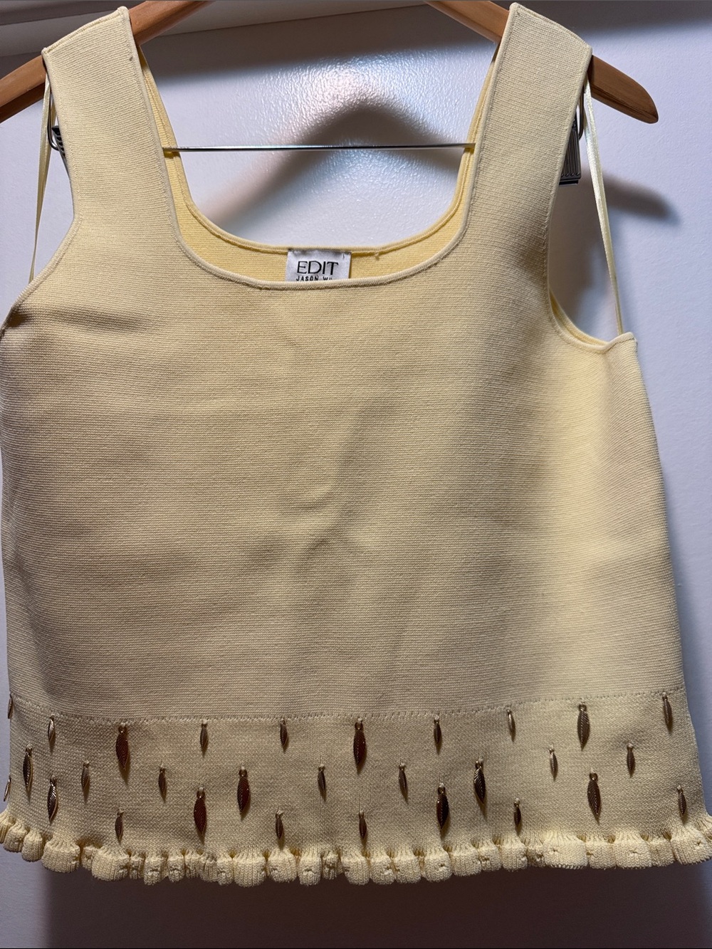 Edit Jason Wu Butter Yellow Sleeveless Knit Crop Top with Embellished Hem.